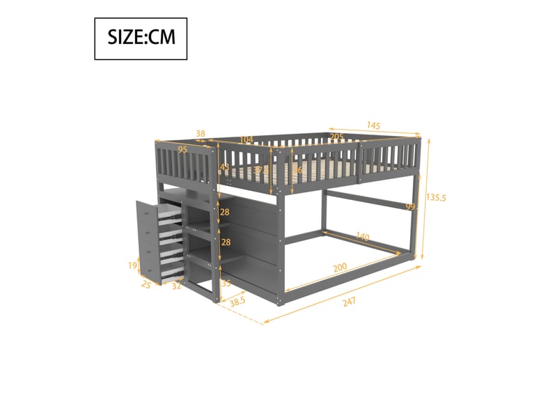 Lit superposé 140x200 cm simple, escalier d'accès, sommier à lattes, 4 tiroirs, garde-corps, bois et mdf, gris - Conforama C