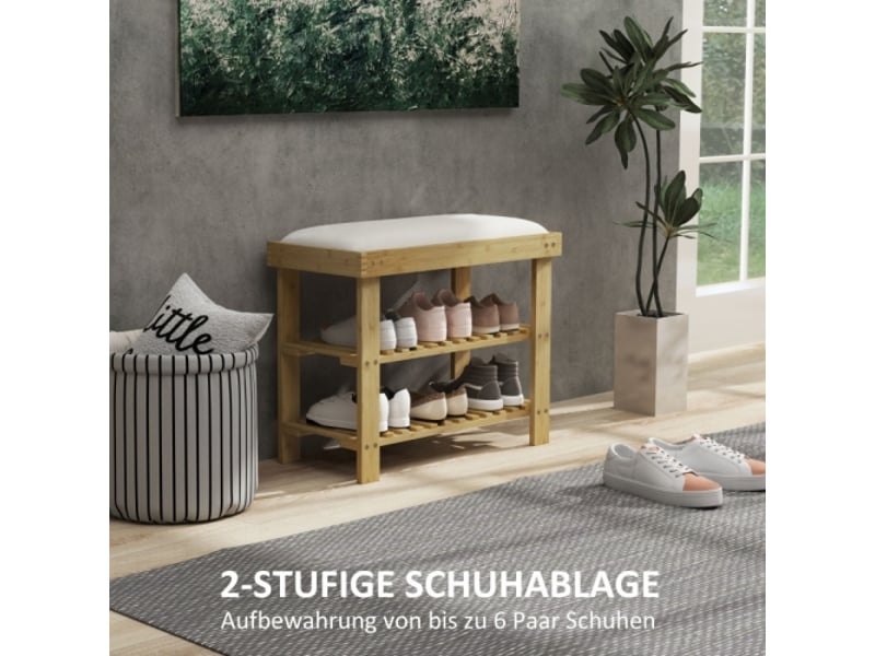  Banc à chaussures crème en bambou avec assise, rangement et 2 compartiments ouverts, 60x29x49 cm  - Conforama B