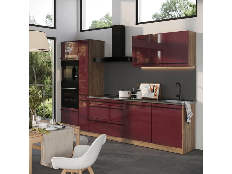  Vicco cuisine, rouge brillantchêne doré, 310cm plan de travail chêne doré  - Conforama C