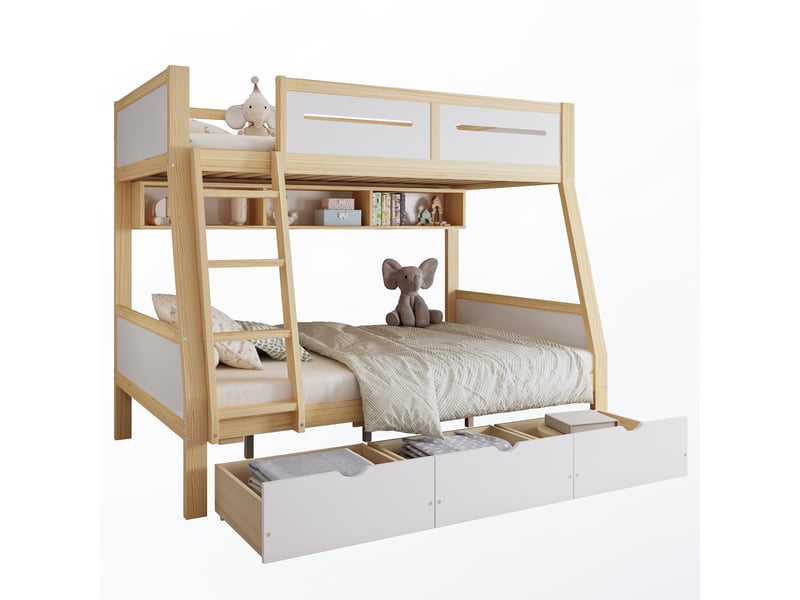  Lit superposé enfant 90 x 200 + 120 x 200 cm avec 3 tiroirs sur roulettes, bibliothèque 2 m, garde-corps, pin et mdf, blanc et effet bois naturel  - Conforama A