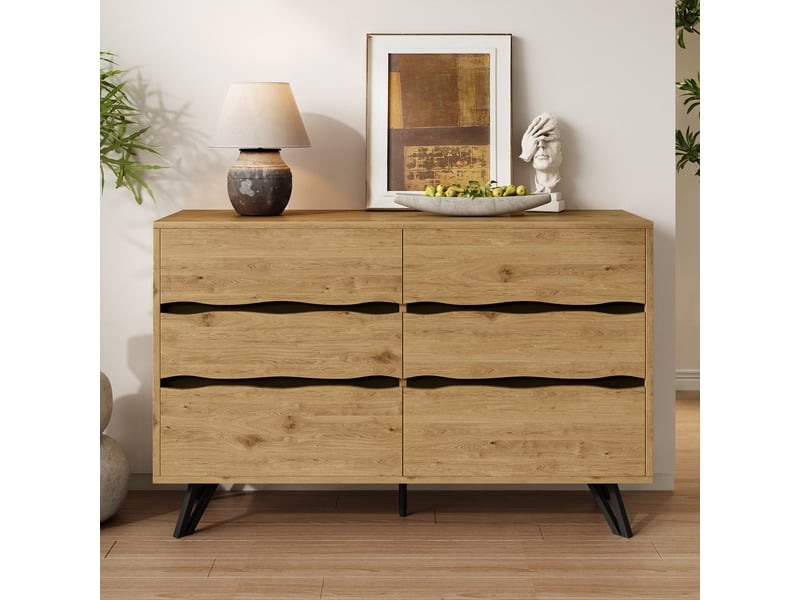 Buffet de rangement 120x40x75,5 cm, 6 tiroirs, façades ondulées, pieds métal, pour salon et salle à manger - aspect bois - Conforama E