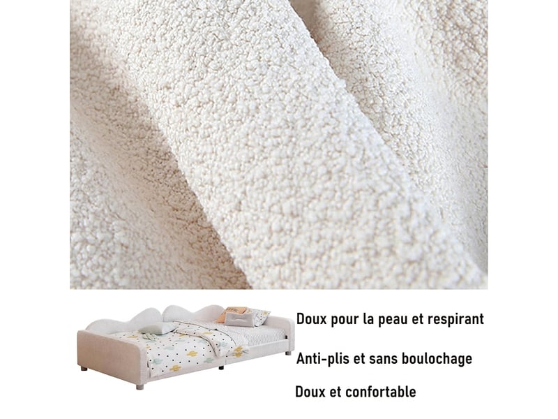 Lit enfant 90x200 capitonné blanc - canapé lit multifonctionnel en tissu bouclette doux - Conforama D
