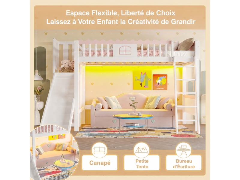  Lit mezzanine enfant avec toboggan, 90x200 cm, pin et mdf blanc, trois étagères et éclairage led  - Conforama E