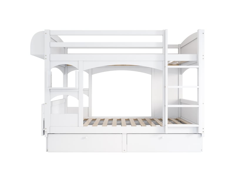  Lit superposé enfant 90x200 cm – blanc – bureau rabattable, étagère et 2 tiroirs de rangement - sans matelas  - Conforama D