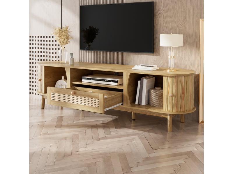  Meuble tv rotin 165 cm avec portes coulissantes et tiroirs, meuble tv naturel en mdf pour salon  - Conforama C