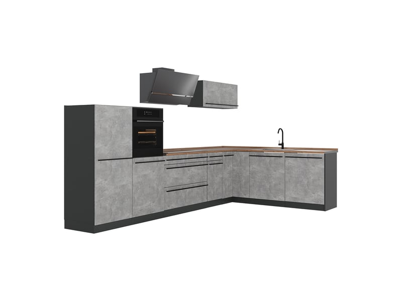  Vicco cuisine en angle, bétonanthracite, 347 x cm plan de travail chêne doré  - Conforama A