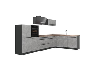 Vicco cuisine en angle, bétonanthracite, 347 x cm plan de travail chêne doré