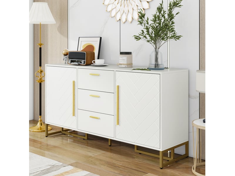 Buffet blanc à 2 portes et 3 tiroirs avec motif chevrons - Conforama C