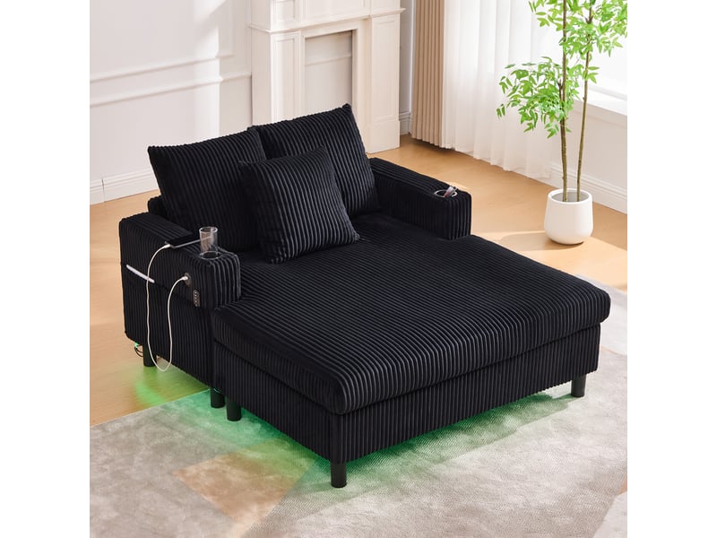  Fauteuil relax xxl avec led, ports usb, porte-gobelets, dossier ergonomique en velours côtelé noir, 142 × 128 × 85 cm  - Conforama B