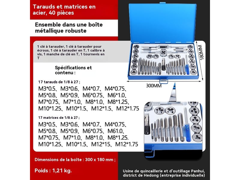 Coffret tarauds et filières 40 pièces m3-m12 kit de taraudage et filetage - Conforama E