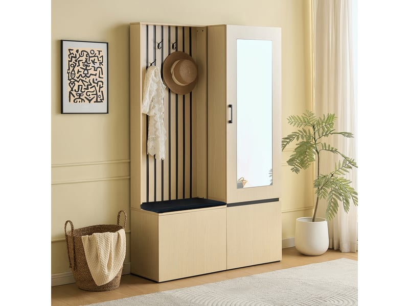 Meuble d’entrée avec miroir banc tringle coulissante rangement à chaussures et 4 crochets en mdf bois pour hall - Conforama C