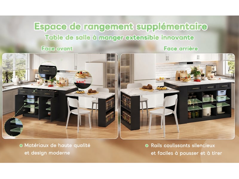  Îlot de cuisine avec table escamotable muvano, noir et effet marbre blanc, 150 × 90 × 90 cm  - Conforama B