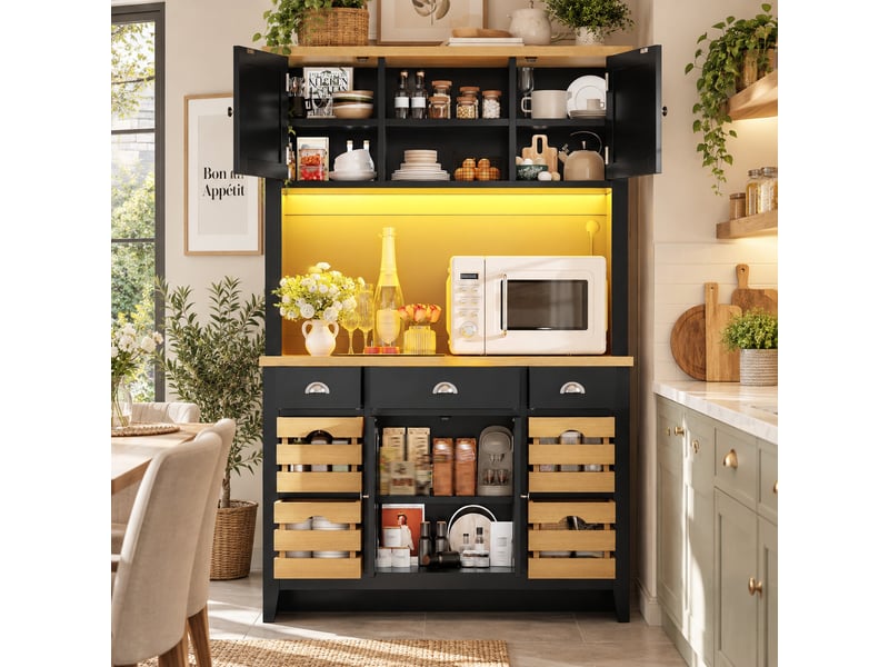 Armoire haute de rangement avec portes, étagères réglables, paniers et éclairage led rgb - noir - Conforama E