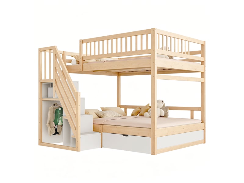 Lit superposé enfant 140×200 cm avec escalier de rangement et tiroirs - okmyhome- bois, sans matelas  - Conforama A