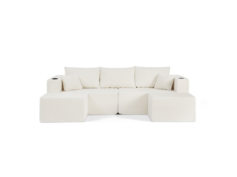Canapé d’angle modulable 3 places 230 cm avec 2 poufs, tissu côtelé, porte-gobelets, poches latérales, montage facile, beige - Conforama A