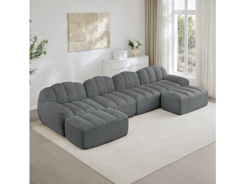  Canapé modulable en u 4 places gris en tissu bouclette, avec 2 ottomans, pour un salon convivial et confortable  - Conforama B