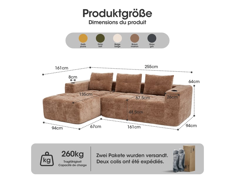 Canapé d'angle - marron clair - chenille rembourré - 258 cm de longueur - 163 cm de largeur - 68 cm de hauteur 258x163x68cm - Conforama B