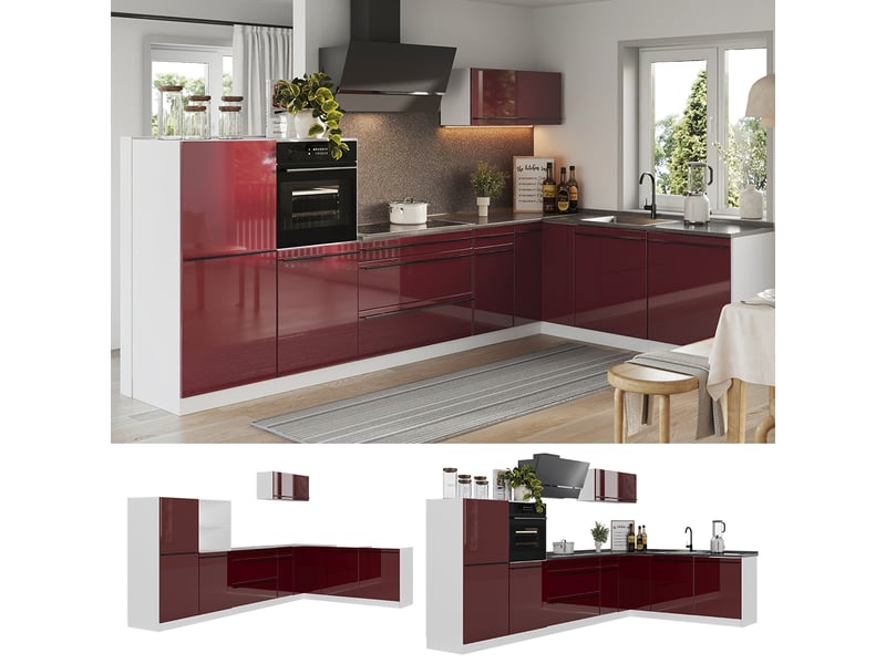 Vicco cuisine en angle, rouge brillantblanc, 347 x cm sans plan de travail - Conforama D