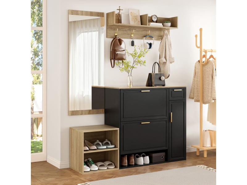  Ensemble vestibule 4 pièces – meuble d'entrée, casier à chaussures, banc, porte-manteaux et miroir – l139,5 × p35 × h166 cm  - Conforama D