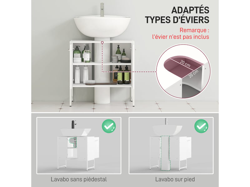  Meuble sous lavabo blanc, 2 portes à fermeture douce, 60 x 33 x 60,5 cm  - Conforama R