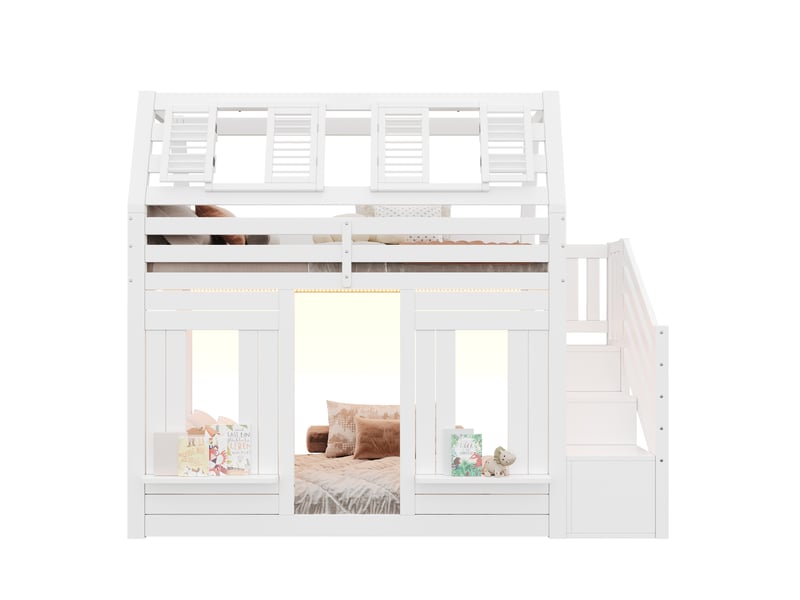  Lit superposé 90×200 cm, lit simple avec escalier de rangement, led et fenêtre, sans matelas, en pin, blanc  - Conforama A
