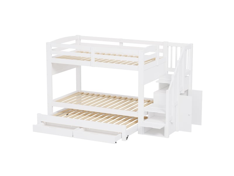 Lit superposé 3 places 90 × 200 cm et 90 × 190 cm, lit gigogne, 2 tiroirs, escalier rangement, sans matelas, blanc - Conforama E