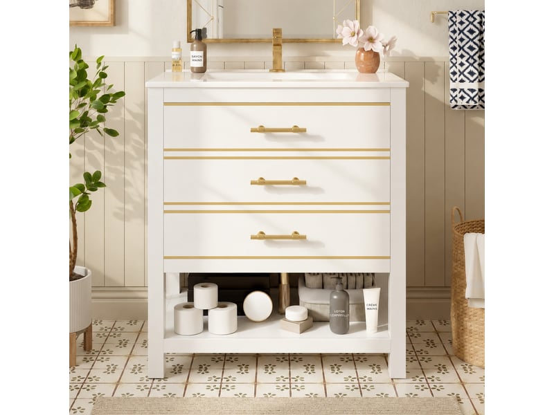 Meuble vasque blanc 76 cm avec lavabo en céramique, 2 tiroirs, niche ouverte et poignées dorées - Conforama D