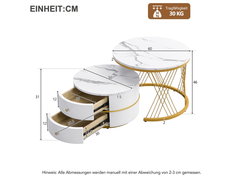  Lot de 2 tables basses gigognes rondes blanches effet marbre avec 2 tiroirs  - Conforama C