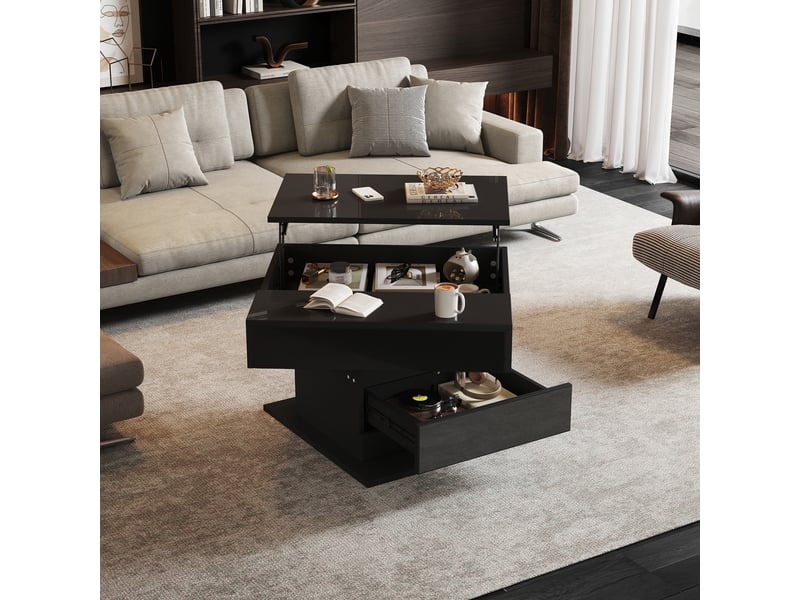  Table basse relevable noire, plateau pivotant à 360°, 1 tiroir, 70 x 70 x 45 cm  - Conforama B