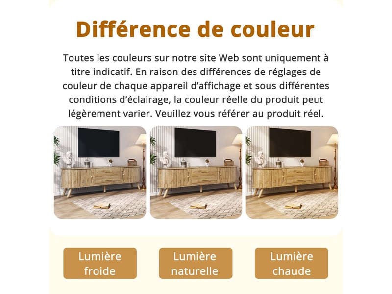  Meuble tv 160 cm style scandinave forme haricot avec 2 portes coulissantes et 2 tiroirs, pieds en bois massif, aspect bois naturel  - Conforama R