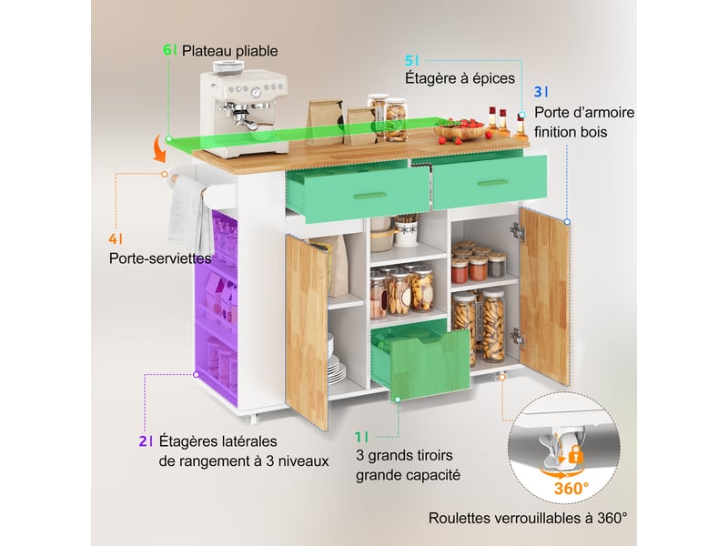 Îlot de cuisine mobile 120 x 4571 x 90 cm avec plateau rabattable, 3 tiroirs, étagères et roulettes, blanc et bois - Conforama E