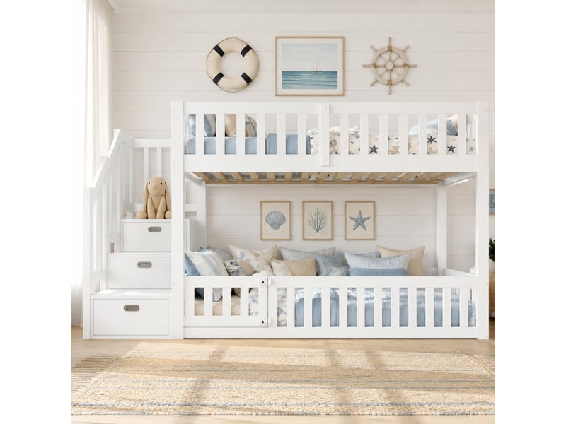  Lit superposé enfant 200×90 cm avec échelle de rangement, barrières et portillon, sans matelas, blanc  - Conforama B