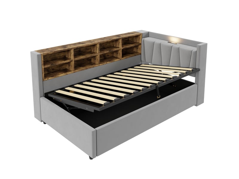  Lit banquette enfant 90 x 200 cm avec rangement hydraulique, veilleuse, usb et type-c, velours gris clair Fay Lum - Conforama A