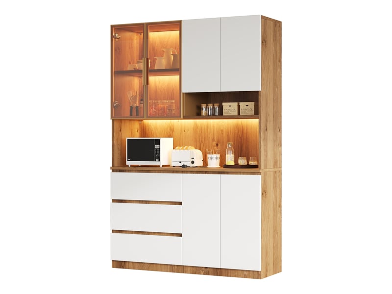  Buffet haut led 120,5 x 40 x 180 cm meuble de rangement cuisine avec 6 portes, 3 tiroirs et espace micro-ondes, blanc bois naturel Radiant Stride - Conforama A