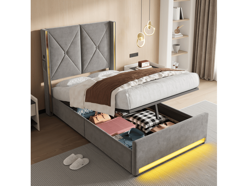  Lit coffre 90x200 cm avec éclairage led et ports usb type c en velours gris foncé  - Conforama D