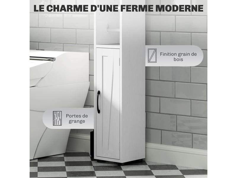  Armoire salle de bain haute, meuble de rangement colonne, 2 portes, tiroir, étagères réglables, blanc, 20x20x185cm  - Conforama R