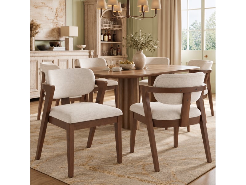  Chaises de salle à manger lot de 2 avec accoudoirs et dossier rembourré en bois et lin couleur noyer et beige avoine  - Conforama D