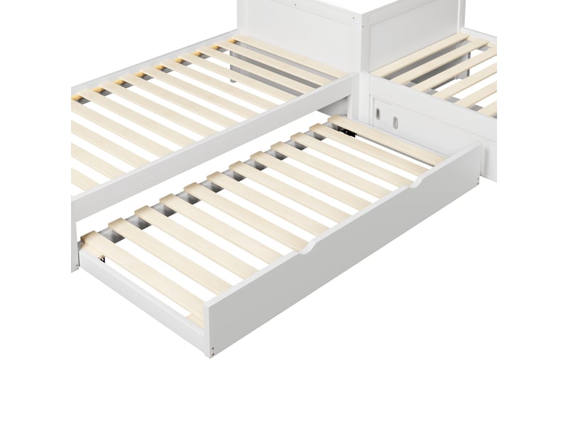  Lit en l blanc 90x200 cm en pin et mdf, lit gigogne, rangements à portes coulissantes et veilleuse led pour chambre  - Conforama D