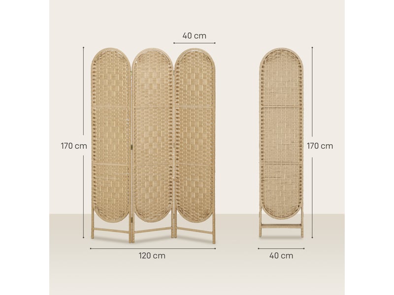  Paravent interieur ovale 3 panneaux 120 x 170 cm séparateur de pièce pliable, bois naturel, léger et tissé  - Conforama C