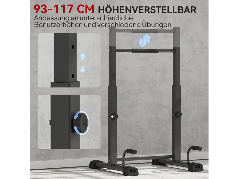  Station de dips réglable 65 x 63 x 93 à 117 cm noire en acier, capacité 540 kg, 4 poignées de pompes  - Conforama D