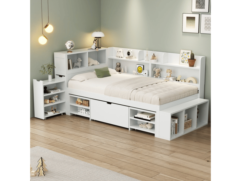  Lit enfant 90x200cm lit adolescent lit simple en bois avec table de chevet caché étagère de rangement tiroir sommier à latte, blanc  - Conforama D