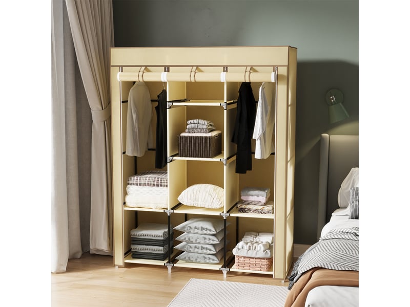  Armoire en tissu beige, 8 étagères et 2 penderies, porte enroulable, 125 x 46 x 162,5 cm  - Conforama D