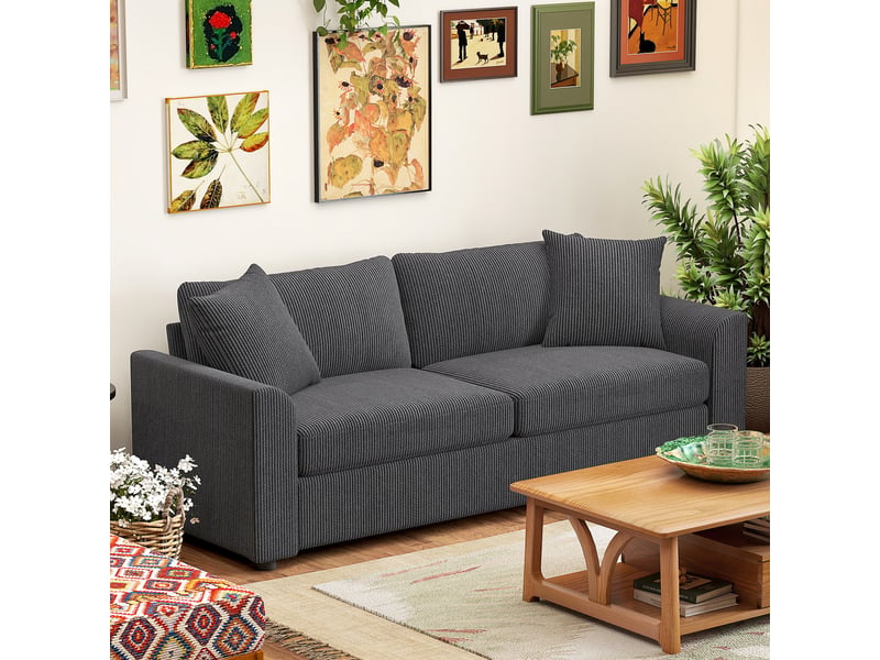 Canapé 3 places 212 cm en velours côtelé gris foncé avec 2 coussins - coussin à ressorts et mousse haute densité T1003-01-16447 - Conforama D