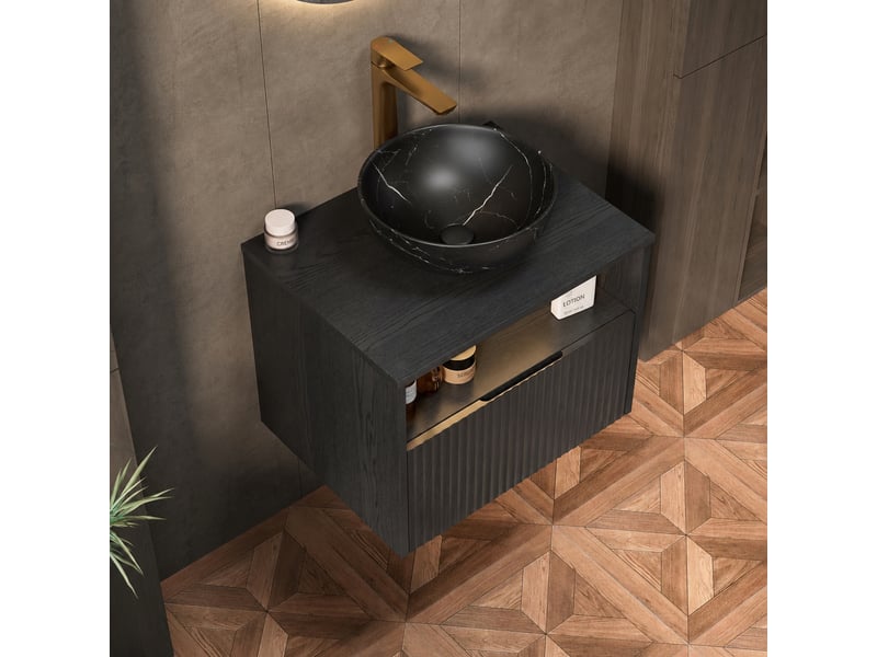  Meuble vasque suspendu 60 cm avec vasque noire en céramique, tiroir et étagère ouverte  - Conforama B