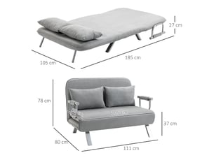 Canapé-lit deux places avec coussins, réglable, supporte jusqu'à 150 kg, gris clair
