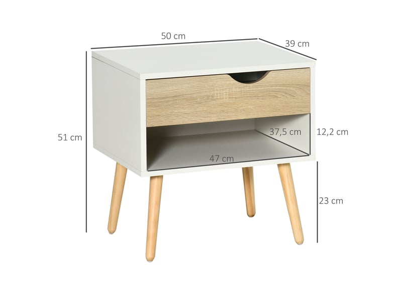  Table de chevet, table de nuit, avec tiroir, design moderne, pieds en bois massif, 50 x 39 x 51 cm, blanc et bois naturel  - Conforama C