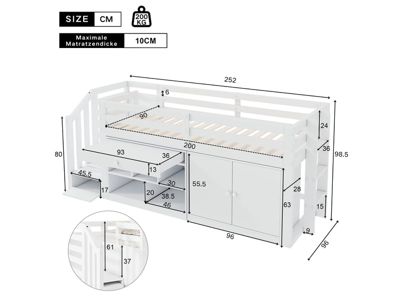  Lit mezzanine enfant simple 90×200 cm escalier, rangements et bureau  - sans matelas bois blanc  - Conforama D