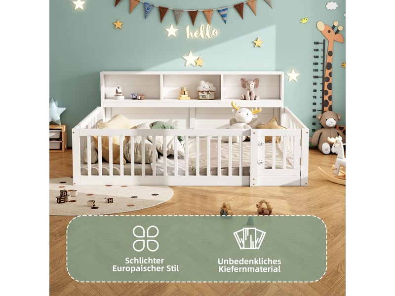  Lit banquette 140x200 cm en bois de pin, lit de jour avec rangement et barrière de sécurité, canapé-lit blanc pour chambre d'enfant.  - Conforama E