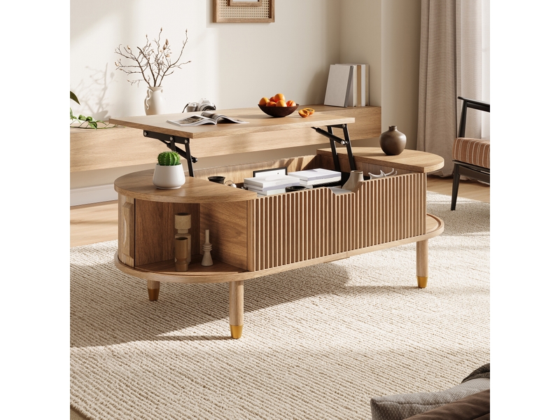  Table basse ovale ulevr relevable hydraulique avec rangement, 110 x 48 cm, mdf, coloris naturel  - Conforama E