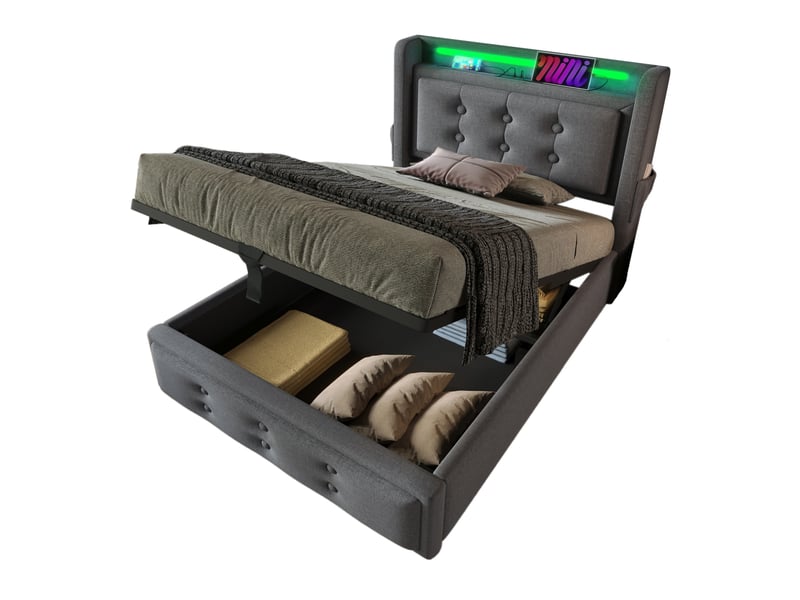  Modenvie lit coffre 90x200 cm - rangement intégré, led et ports usb-c - matelas et sommier inclus - gris  - Conforama A
